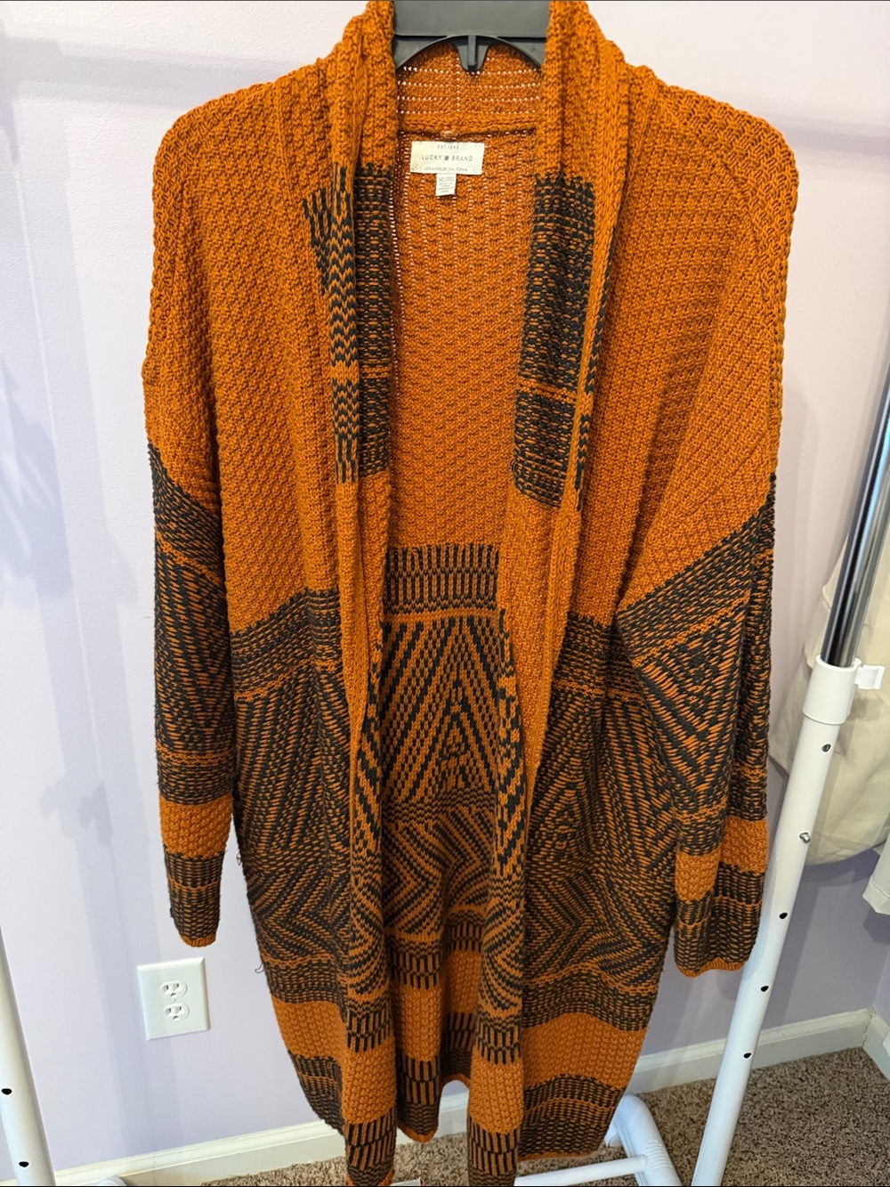 Lucky Brand Orange and Black Open-Front Geometric Cardigan